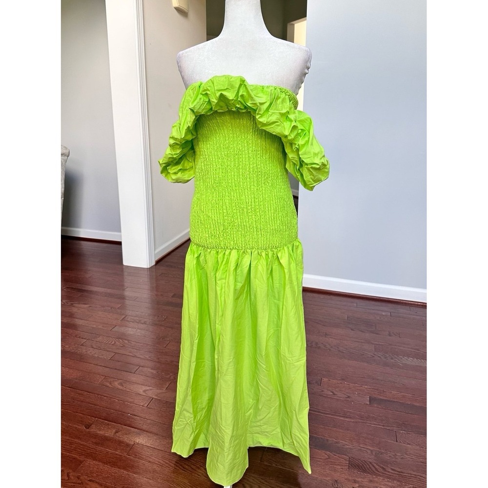 New York‎ & Company Lime Green Off The Shoulder Puffy Sleeve Maxi Dress NWT - Picture 2 of 7
